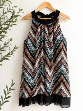 Boho Chevron Print Mini Dress - Black & Teal
